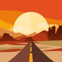 vector illustration of highway in desert and mountains. summer landscape with empty road. country street road, flat style illustration. nature background.