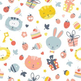cute seamless pattern with cats and rabbits. vector illustration. colorful kids wallpaper. 