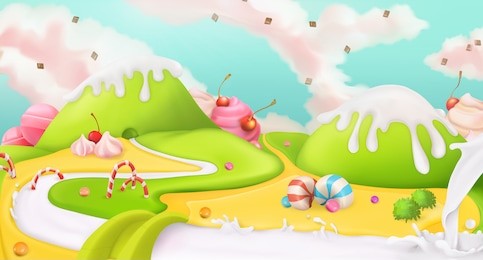 candy land. sweet landscape, vector 3d background
