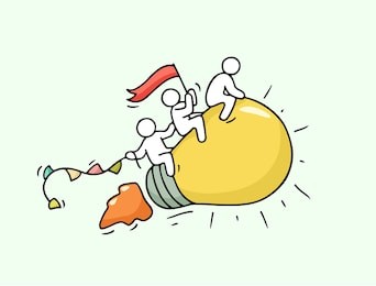 sketch of working little people with flying lamp idea. doodle cute miniature scene of creative workers. hand drawn cartoon vector illustration for business design and infographic.