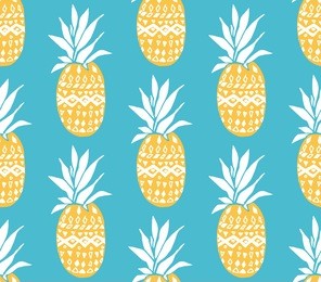 pineapple texture with hand drawn yellow fruits at blue background. seamless vector pattern