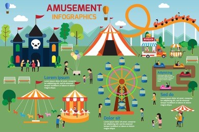 amusement infographic elements flat vector design. people spend time relaxing in nature with parents and children are walking in the park. vector illustration.
