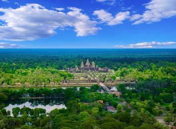 aerial view of angkor wat temple, siem reap, cambodia, southeast asia. unesco world heritage site.