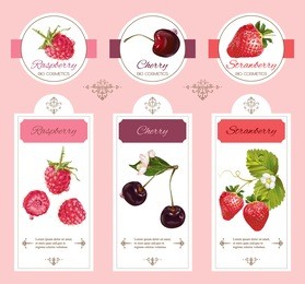 vector berry cosmetic banner with raspberry, cherry and strawberry. design for natural cosmetics, beauty store, perfume, organic health care products, grocery, homeopathy and aromatherapy.
