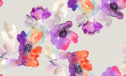 purple watercolor flowers. seamless pattern.