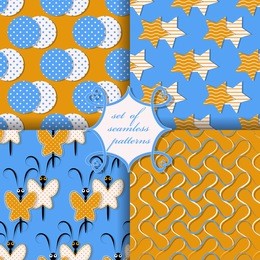 set of seamless vector illustrations. geometric shapes, decorative butterflies, wavy lines pattern  