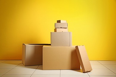 house move concept. carton boxes on yellow wall background