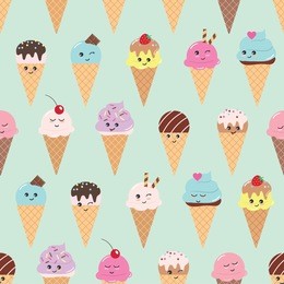 seamless pattern with kawaii ice cream cones.