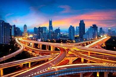 shanghai elevated road junction and interchange overpass at night, shanghai china
