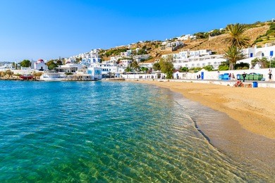 view of beautiful beach with turquoise sea water in mykonos port, mykonos island, greece