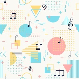 geometric seamless pattern with music notes and signs. alphabet vector background. memphis style for fashion.