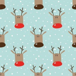 seamless winter holidays pattern with funny cartoon deers on snowy light turquoise background. vector illustration. design for fabric and decoration.