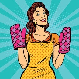 retro woman cooking in the kitchen, pop art retro comic book vector illustration. gloves for hot dishes