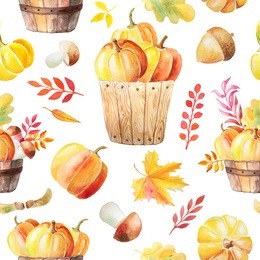 seamless pattern with watercolor hand painted orange pumpkins, mushrooms and branches in wooden baskets. autumn nature background perfect for print fabric