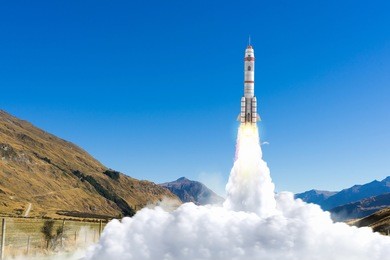 rocket space ship . mixed media