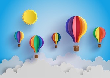 origami made colorful hot air balloon and cloud.paper art style.