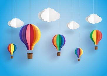 origami made colorful hot air balloon and cloud.paper art style.