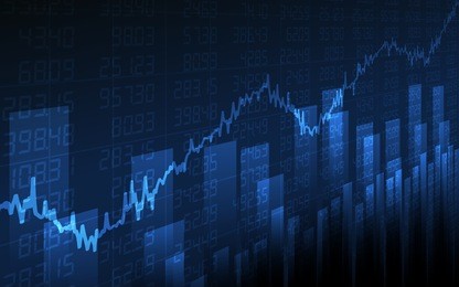 business chart with uptrend line graph, bar chart and stock numbers in bull market on dark blue background (vector)