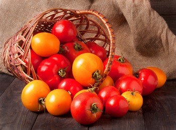 red and yellow tomatoes in a wicker basket on  wooden table