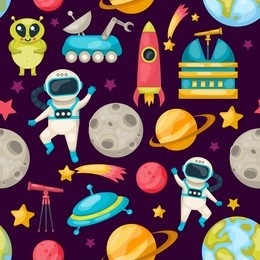 space seamless background pattern with different inhabitants of space planets and tools vector illustration