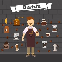 barista and coffee composition with  roasted beans objects for making drinks on brick wall background  vector illustration   