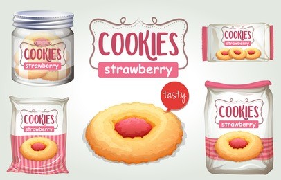 set of strawberry cookies in different packages illustration