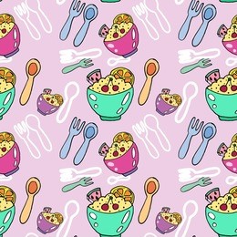 seamless food pattern vintage design with porridge bowl and cutlery spoon and fork on violet background, kawaii pattern kids surface design with green pink bowls of porridge fruit topping breakfast