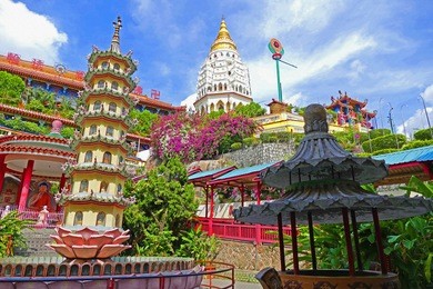 color painting beautiful scenery old sacred buddhist kek lok si temple in penang, malaysia in summer on sandstone texture