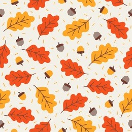 seamless pattern with acorns and autumn oak leaves in orange, beige, brown and yellow. perfect for wallpaper, gift paper, pattern fills, web page background, autumn greeting cards.