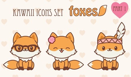 kawaii foxes icons set. vector illustration of cute animals. part 1