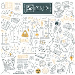 science stuff doodle set. biology, mathematics, astronomy, robotic technology, geometry, physics, chemistry laboratory equipments and tools. freehand vector drawing isolated on white background.