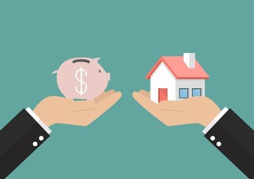 hands with house and piggy bank. flat style vector illustration