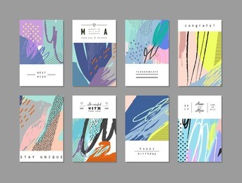 set of artistic creative universal cards. hand drawn textures. wedding, anniversary, birthday, valentine's day, party. design for poster, card, invitation, placard, brochure, flyer.  vector. isolated.