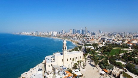 aerial view of tel aviv skyline from jaffa's old city port