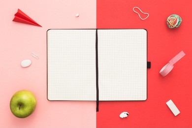 creative student desk with scrapbook. back to school concept. office workspace. top view with copy space.