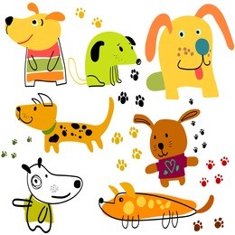 vector set of funny cartoon dogs. cartoon dogs collection. cute happy dog with paw prints in bright colors.