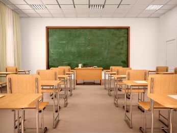 bright empty classroom for lessons and training. 3d illustration.