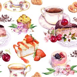 tea pattern with tea cups, cakes and flowers. watercolor for teatime. seamless background