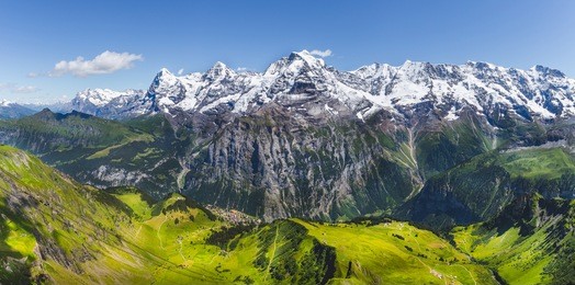 panorama beautiful mountain and glaciers with tree and field on summer with snow and clear sky, view of jungfrau, schilthorn switzerland