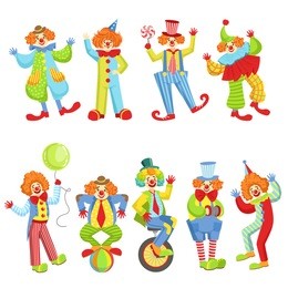 set of colorful friendly clowns in classic outfits
