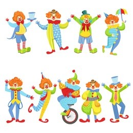 collection of colorful friendly clowns in classic outfits