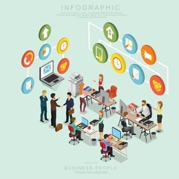 isometric business people teamwork meeting in office, share idea,  info graphic vector design set t