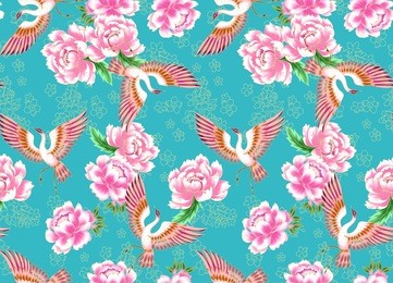 japaneses new collection style seamless pattern with crane and flowers to printing on fabric turquoise background