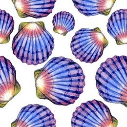 watercolor seamless pattern with sea shells on white background.