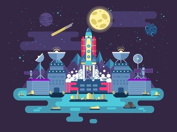 facade of a station building and ancillary facilities with soaring rocket into open outer space for expedition and research on the background  in flat style.vector illustration
