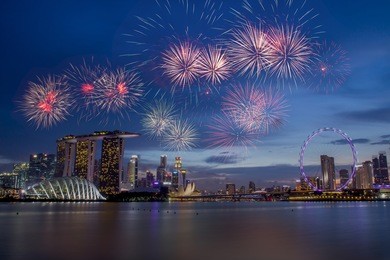 fireworks over bay in singapore on national day rehearsal
