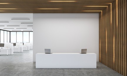 office interior of accounting company with reception desk and large room. concept of modern financial firm. 3d rendering. mock up