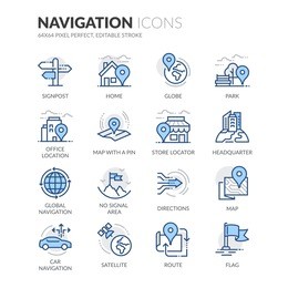 simple set of navigation related color vector line icons. 
contains such icons as store locator, office, home and more. 
editable stroke. 64x64 pixel perfect. 