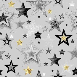 seamless vector pattern with hand-drawn and texture golden foil stars, abstraction illustration on gray background.