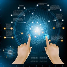 abstract fingerprinting info graphic with realistic hands info and screen